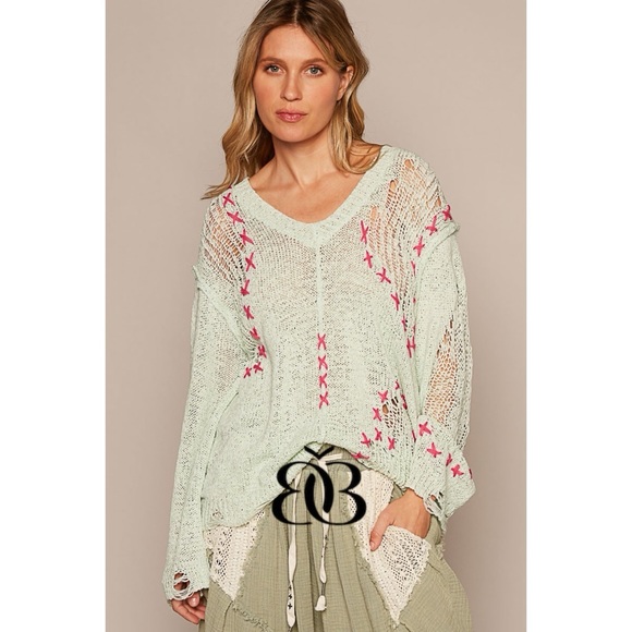 POL Pistachio Green Distressed V Neck Thin Sweater Hot Pink Stitching - Picture 6 of 7